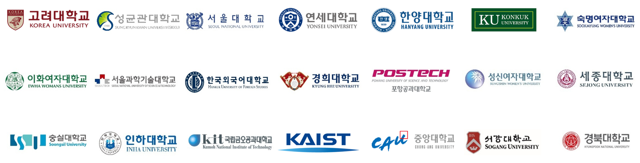 PAYCO 캠퍼스 제휴 대학 로고 — 서울대학교, KAIST, 포항공과대학교, 한국외국어대학교, 중앙대학교, 성균관대학교, 서울시립대학교 등